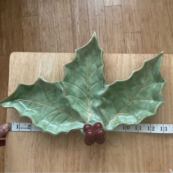 VINTAGE HOLLY & BERRY SNACK Relish candyDISH 3 COMPARTMENTS Gold Trim - Picture 7 of 7